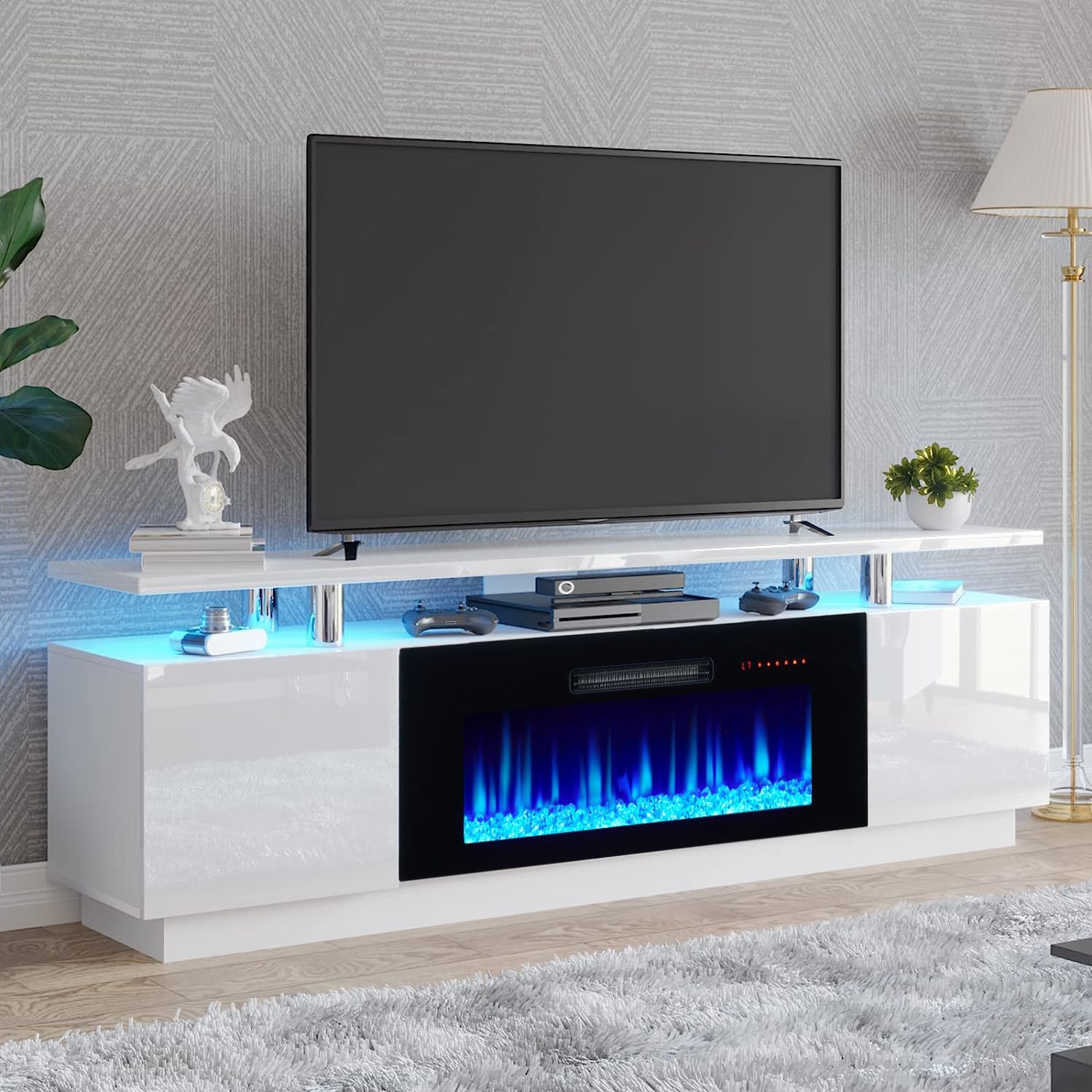 Modern Ivory White TV Stand with 36 Fireplace & LED Lights