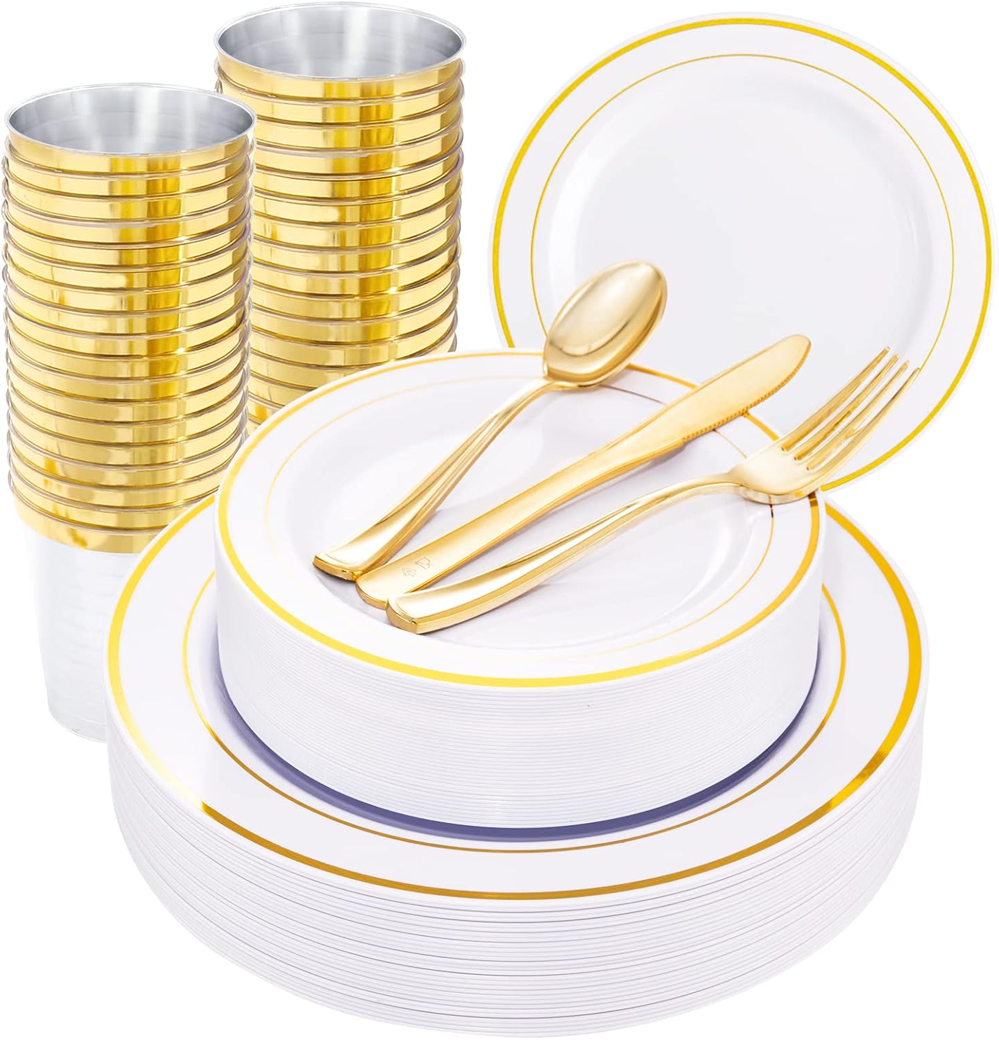 WELLIFE 150 Pcs Gold Plastic Plates Set for Elegant Parties
