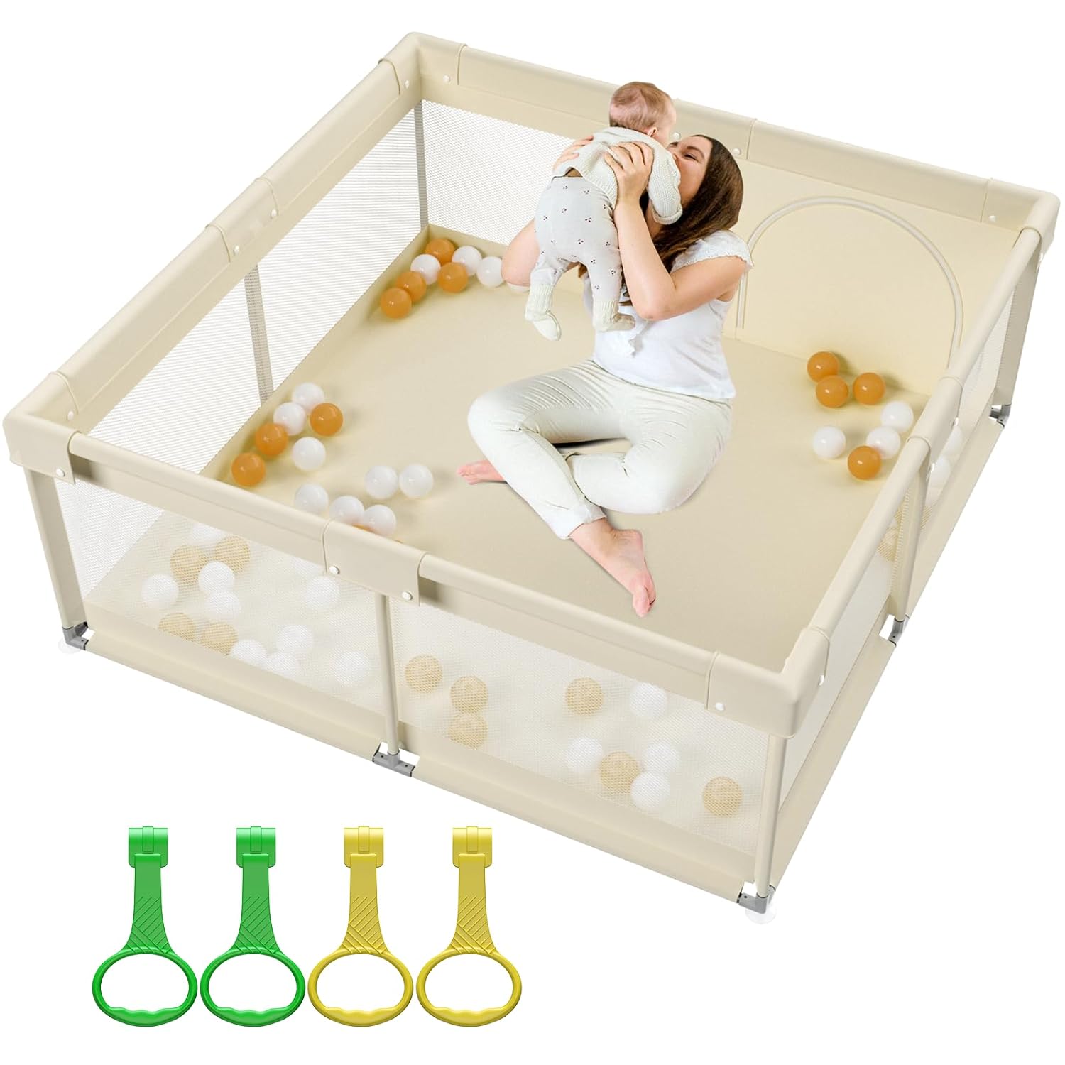 ZEEBABA Beige Baby Playpen 59x59 in for Safe Playtime Fun