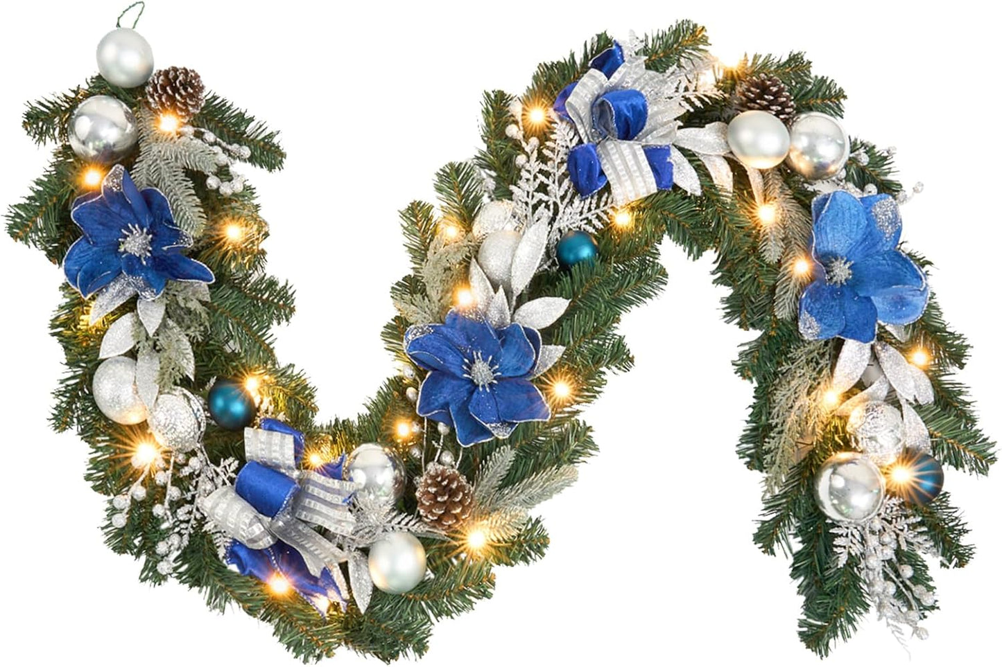 6ft Blue Silver Christmas Garland with Lights for Festive Decor