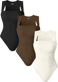 OQQ 3 Piece Ribbed Strappy Square Neck Bodysuits - Stretch Tank Tops