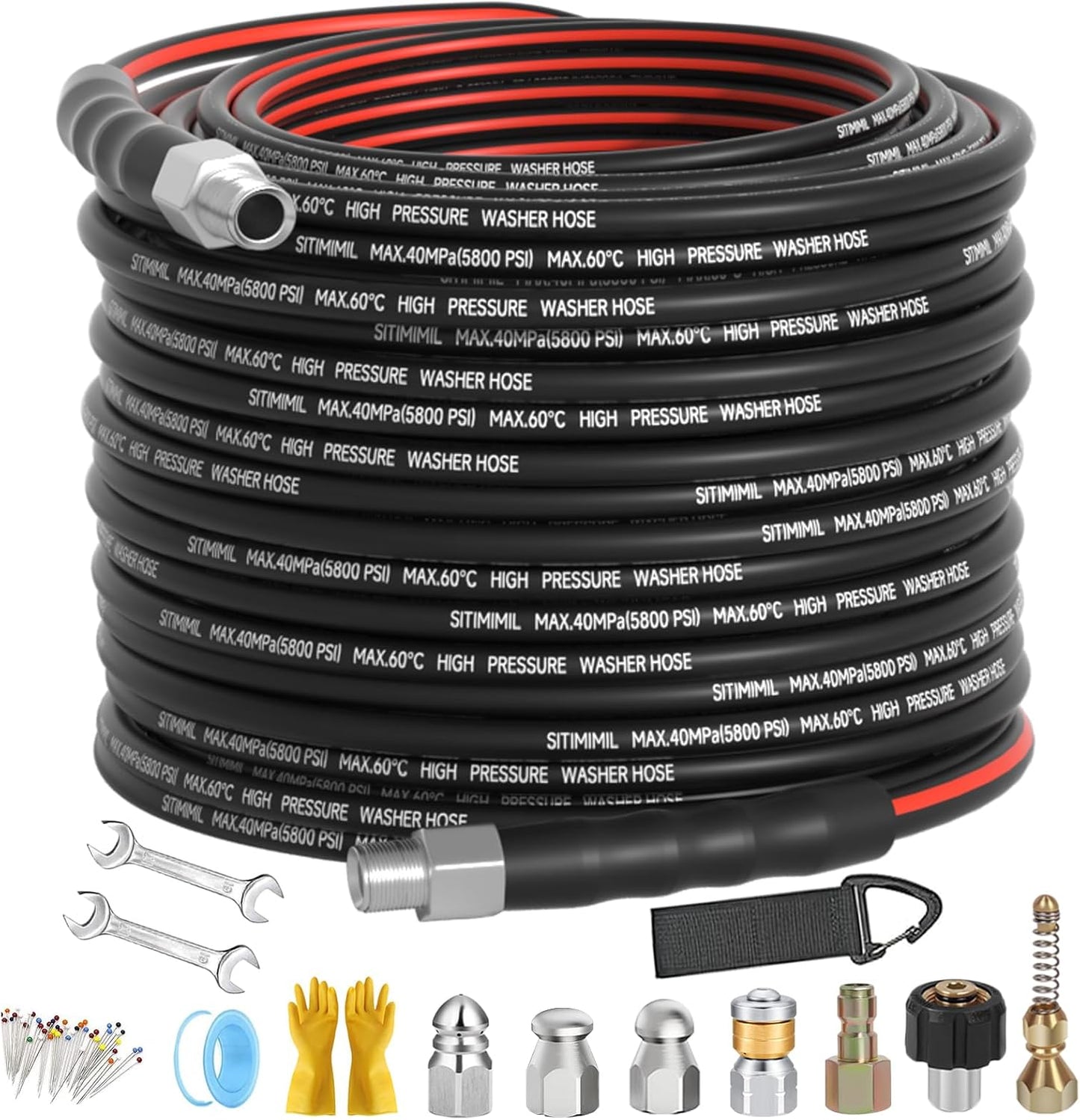 Sewer Jetter Kit for Pressure Washer 100FT with Nozzles and Tools