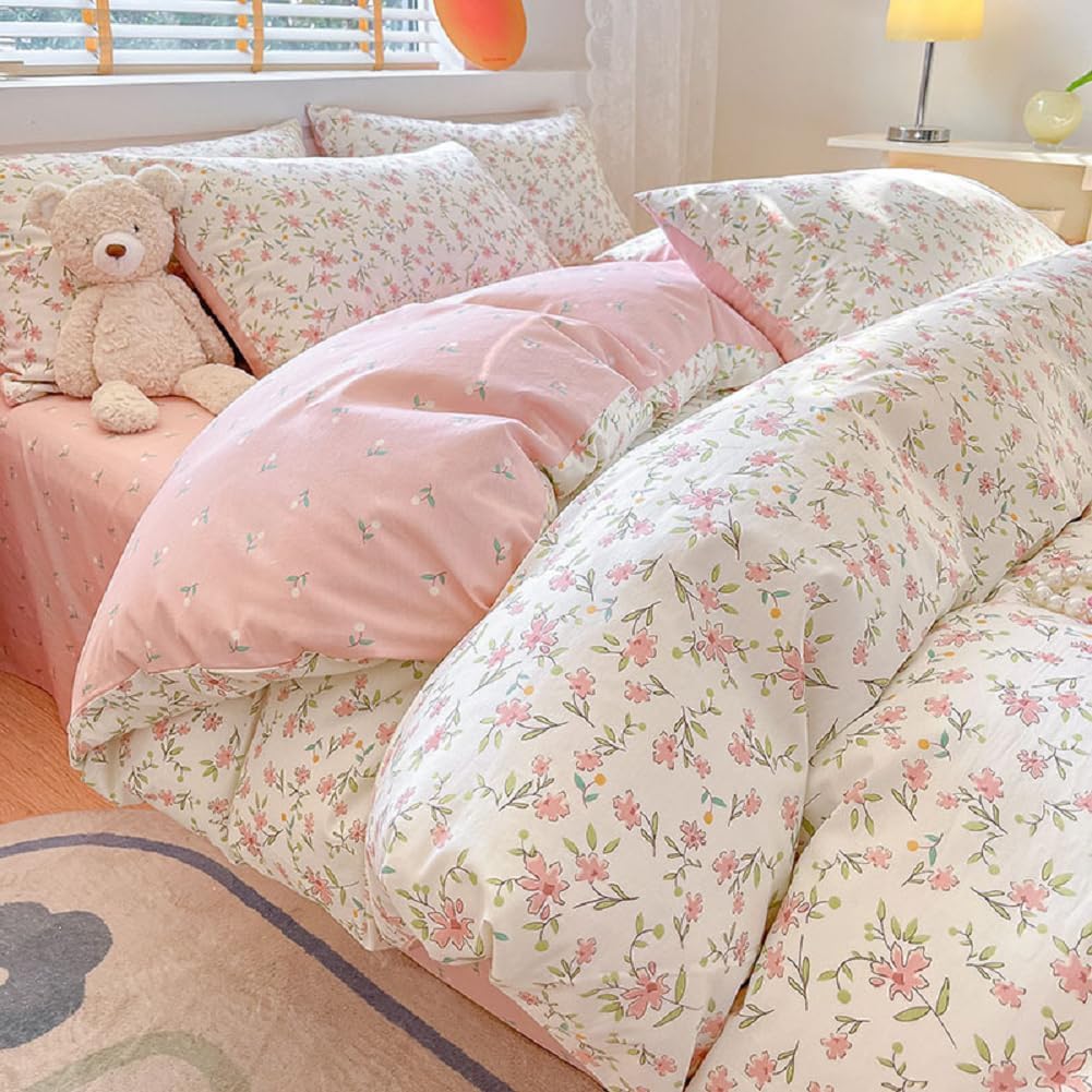 Chic Pink Floral Duvet Cover Set for Full Size Bedding