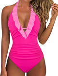Women Sexy Halter One Piece Swimsuit - Ruffle Tummy Control Jewelry