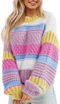 Womens Color Block Striped Chunky Knit Cropped Sweater - Cozy Crewneck