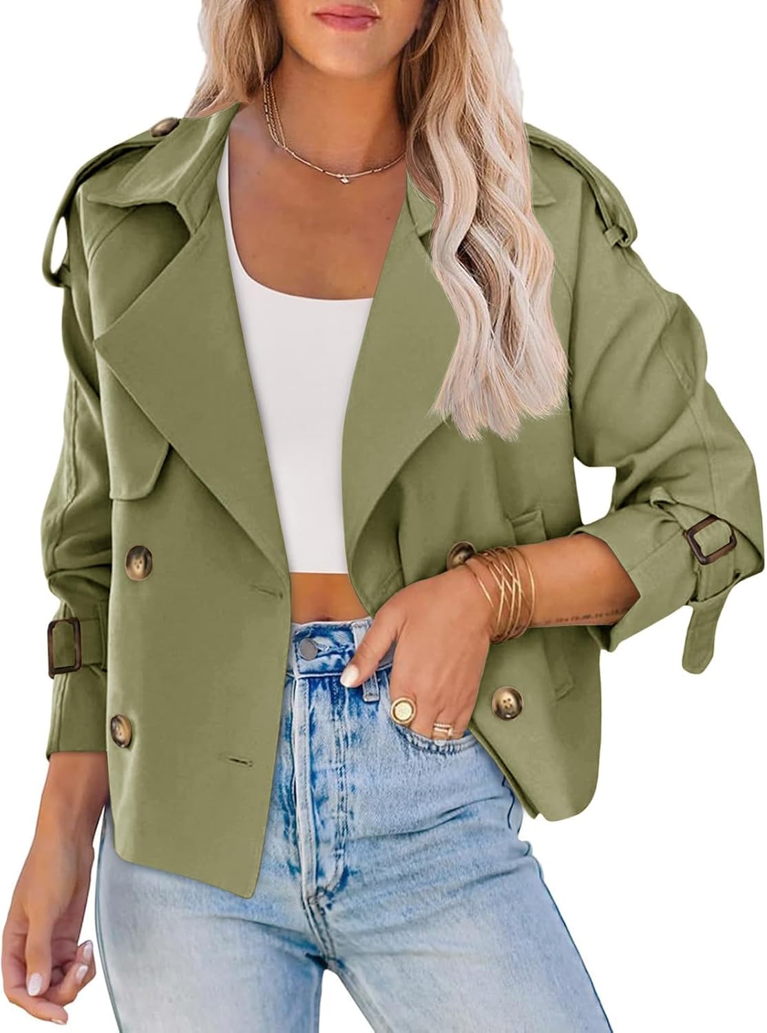 Stylish Women Crop Double Breasted Trench Coat for Office Wear