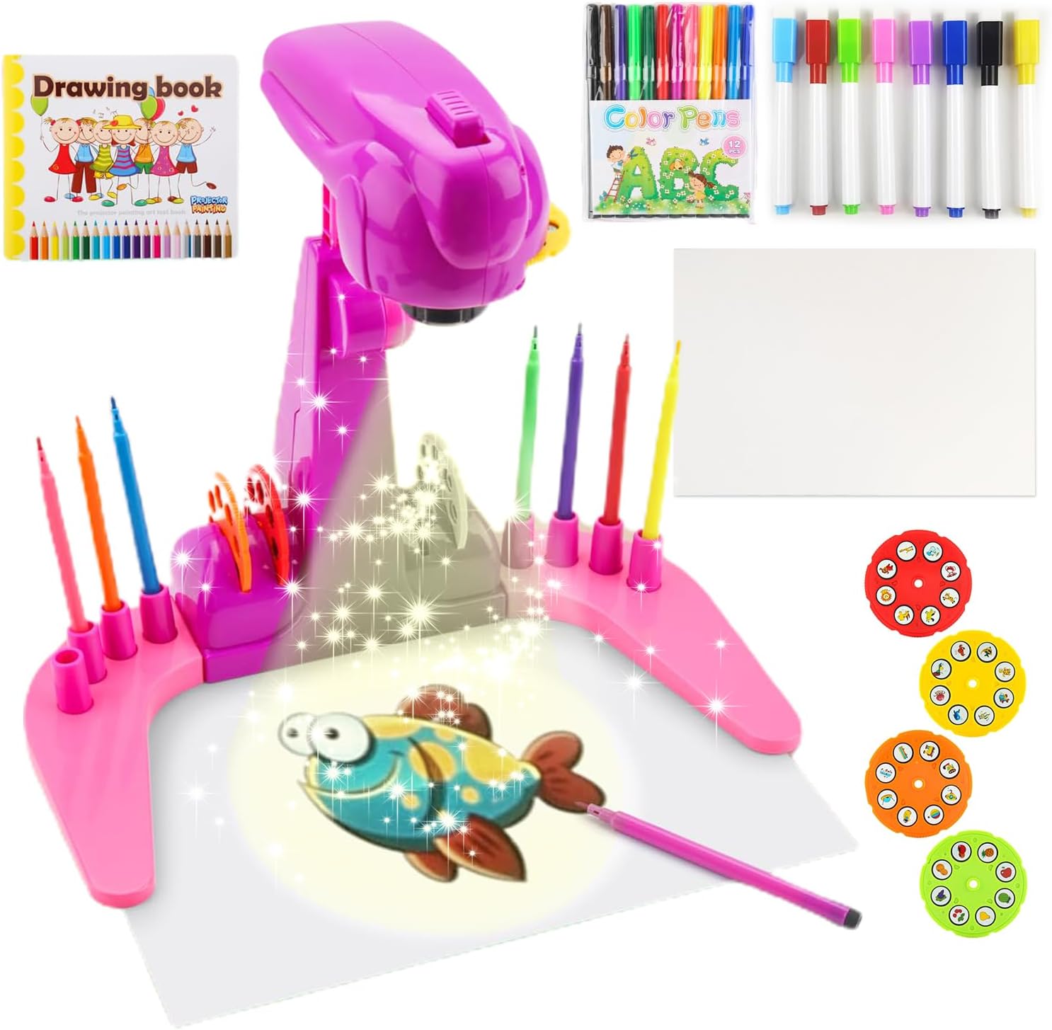 Creative Kids Projection Drawing Toy | 32 Cartoon Patterns | Art Projector | 12-Color Pens | Pink