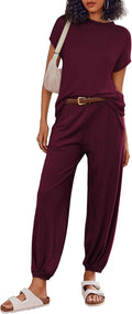Two Piece Outfits Lounge Sets for Women - Knit Short Sleeve Sweatsuit