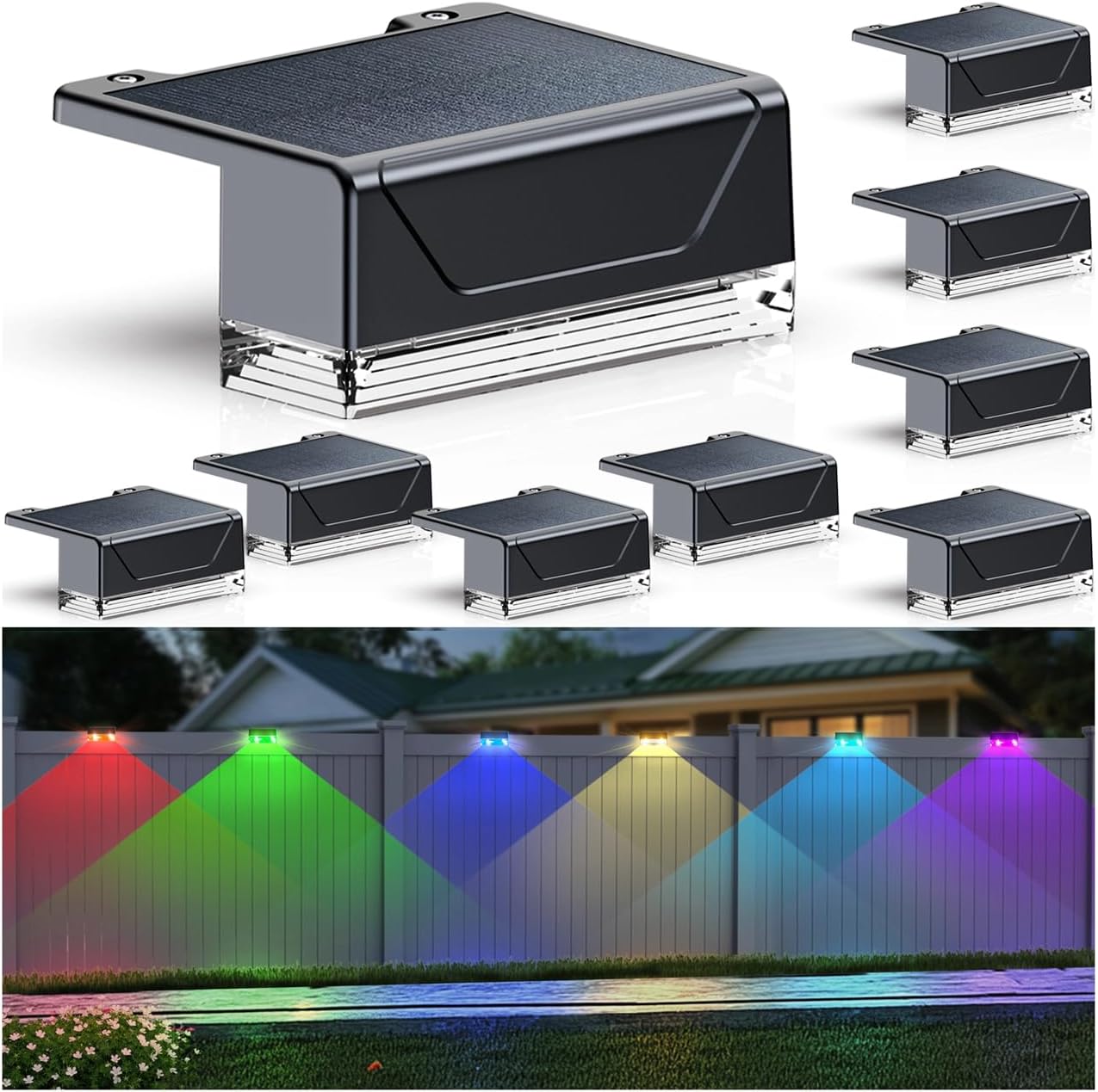 8PK Solar Fence Lights Outdoor - Warm White & RGB Color Modes