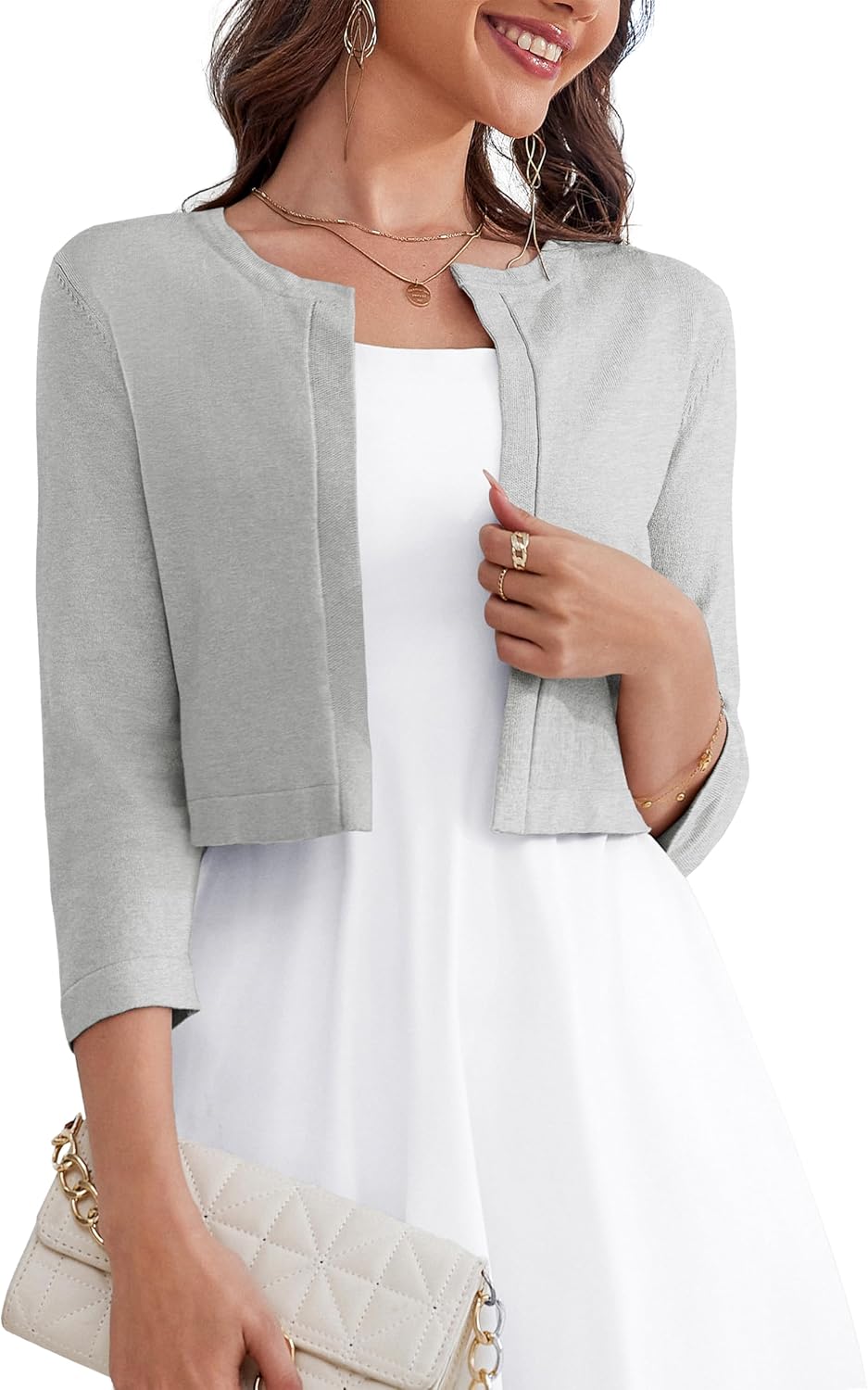 OmicGot Women's 3/4 Sleeve Open Front Knit Cropped Bolero Shrug