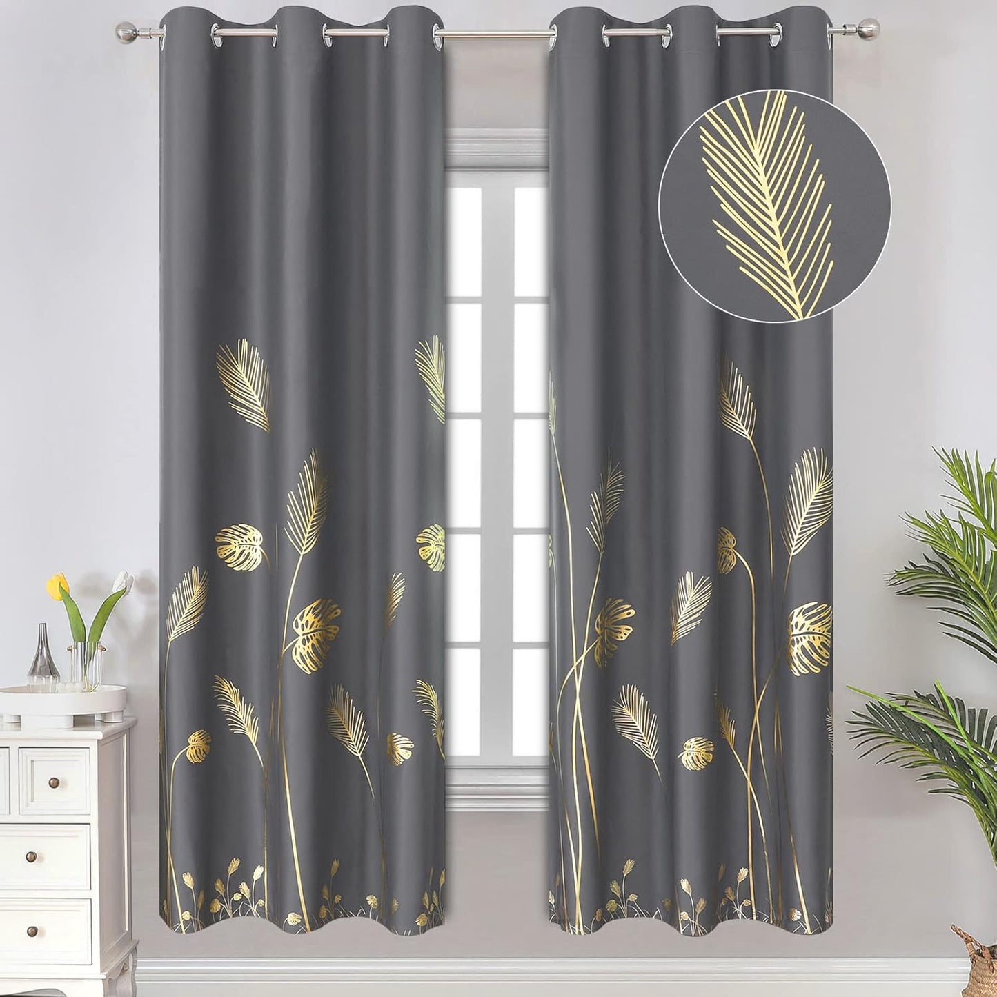 Elegant Gold Wheat and Leaf Printed Blackout Curtains for Home