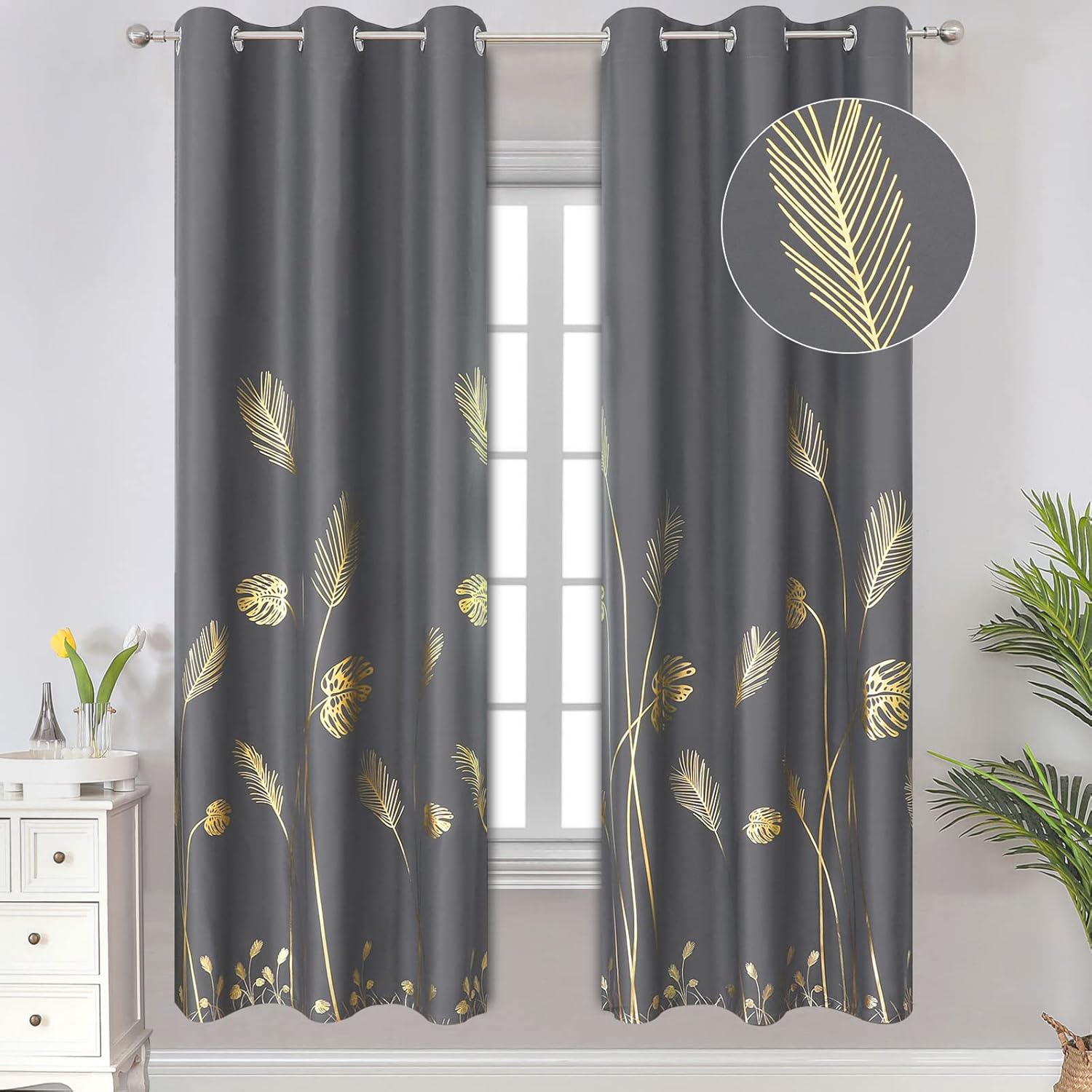 Elegant Gold Wheat and Leaf Printed Blackout Curtains for Home