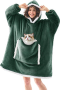 Wearable Blanket Hoodie Oversized Cat Pocket - Cozy Dark Green