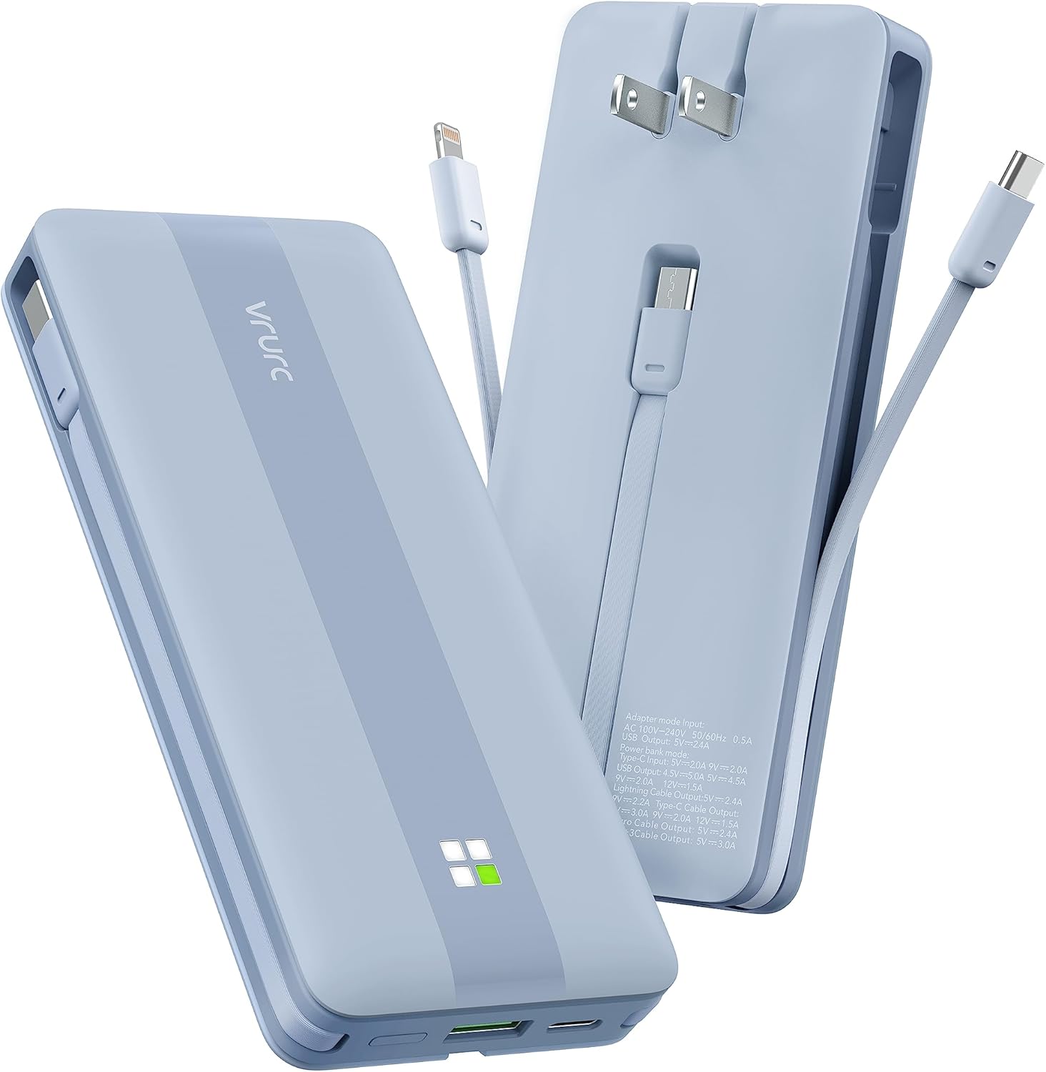 22.5W Fast Charging Power Bank - Built-in Cables, AC Wall Plug, 10000mAh - QC4.0 PD3.0 - USB C - Blue