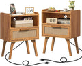Rattan Nightstands Set of 2 with Charging Station for Bedroom