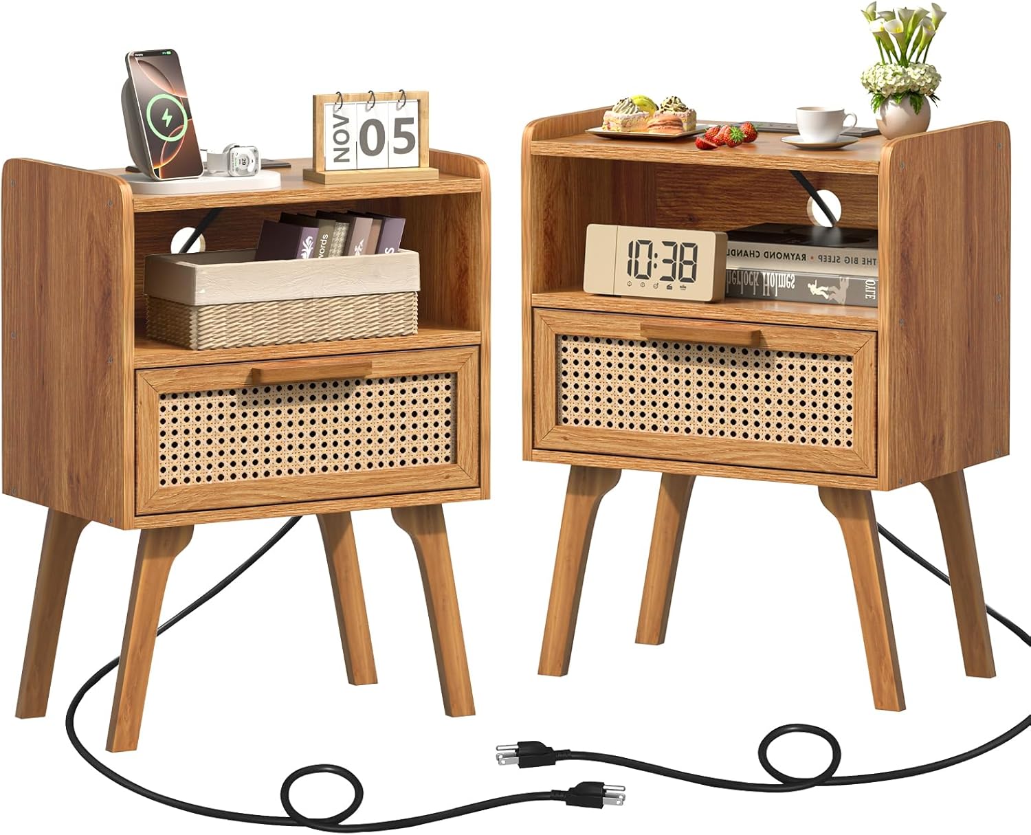 Rattan Nightstands Set of 2 with Charging Station for Bedroom