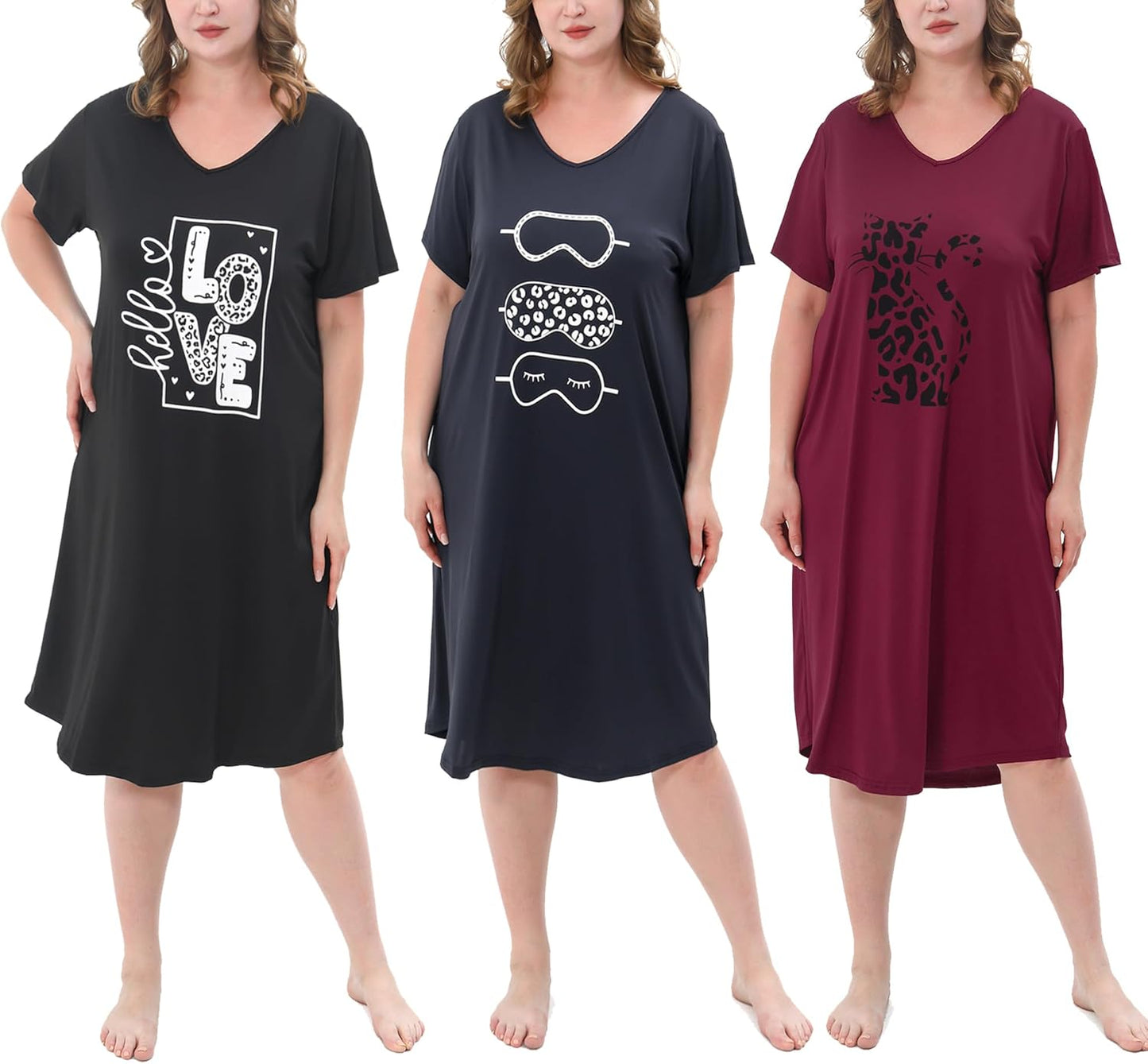 Plus Size Women's Nightgown 3 Pack Soft Print Nightshirts