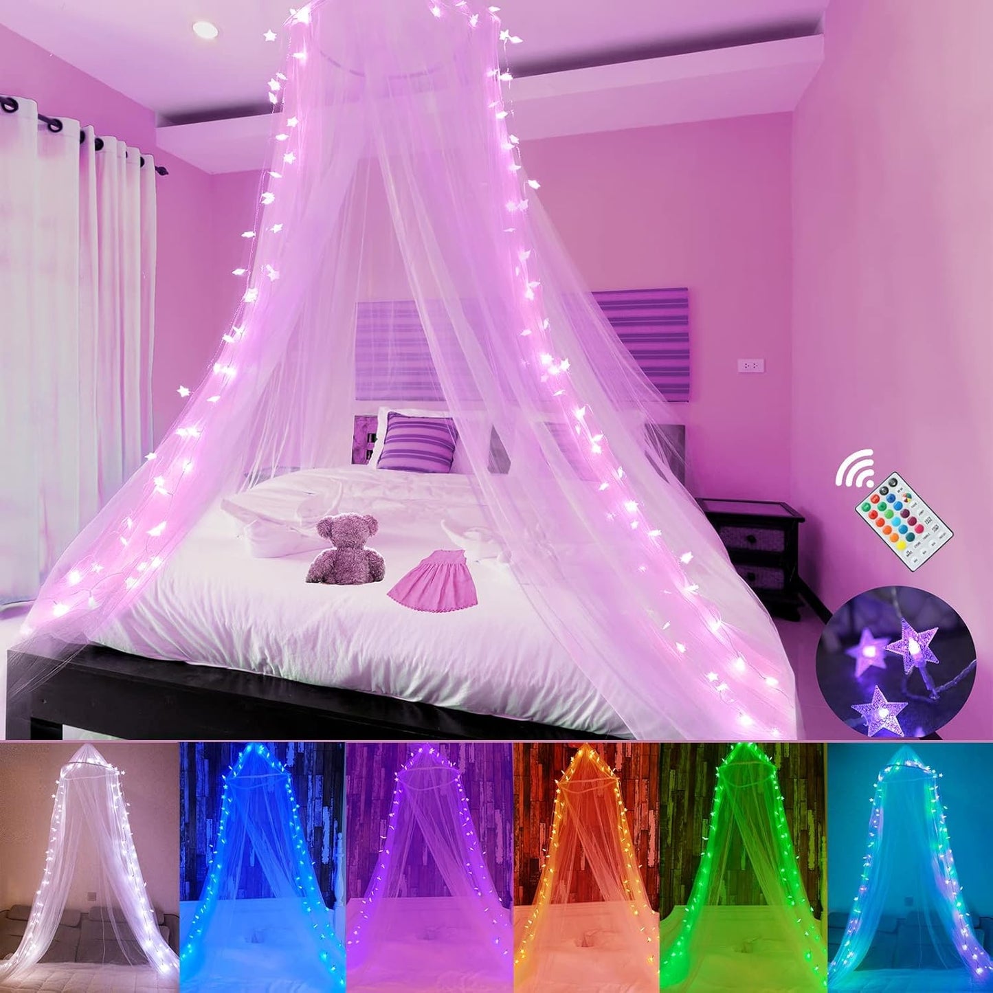 Obrecis Bed Canopy with LED Star Lights for Dreamy Bedrooms