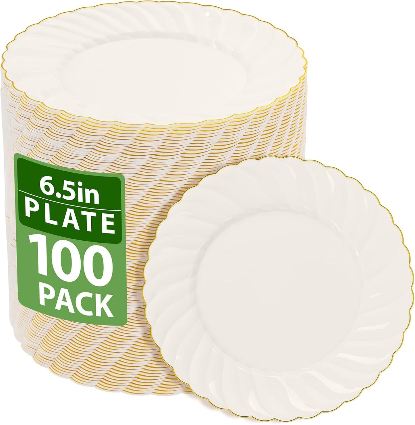 YOUBET 100 Pack Ivory Scalloped Plastic Plates for Events