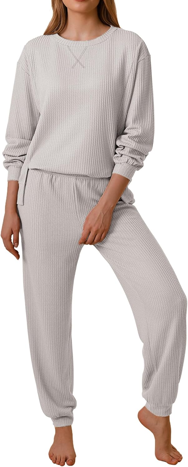Ekouaer Waffle Knit Lounge Sets for Women Long Sleeve Pajamas
