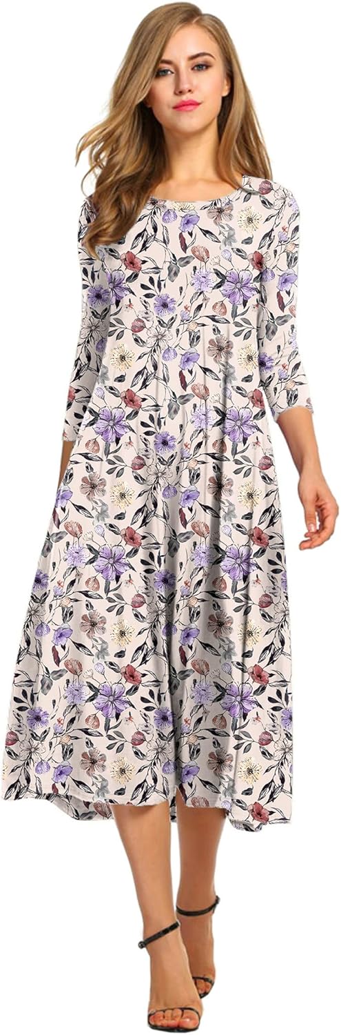 HOTOUCH Women's 3/4 Sleeve A-line Midi Long Dress for Elegance