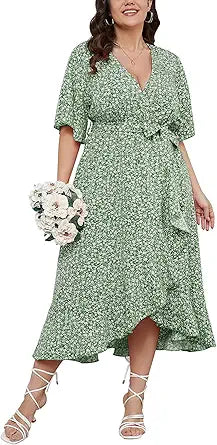 SCOMCHIC Women's Plus Size Summer Floral Printed Wrap Dress