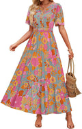 ZESICA Women's Summer Floral V Neck Tiered Maxi Dress - Flowy Boho Fit