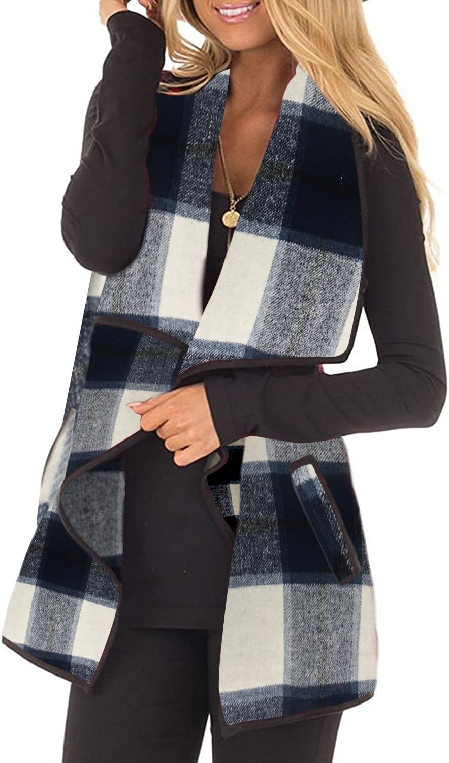 Unidear Womens Buffalo Plaid Vest Casual Open Front Cardigan