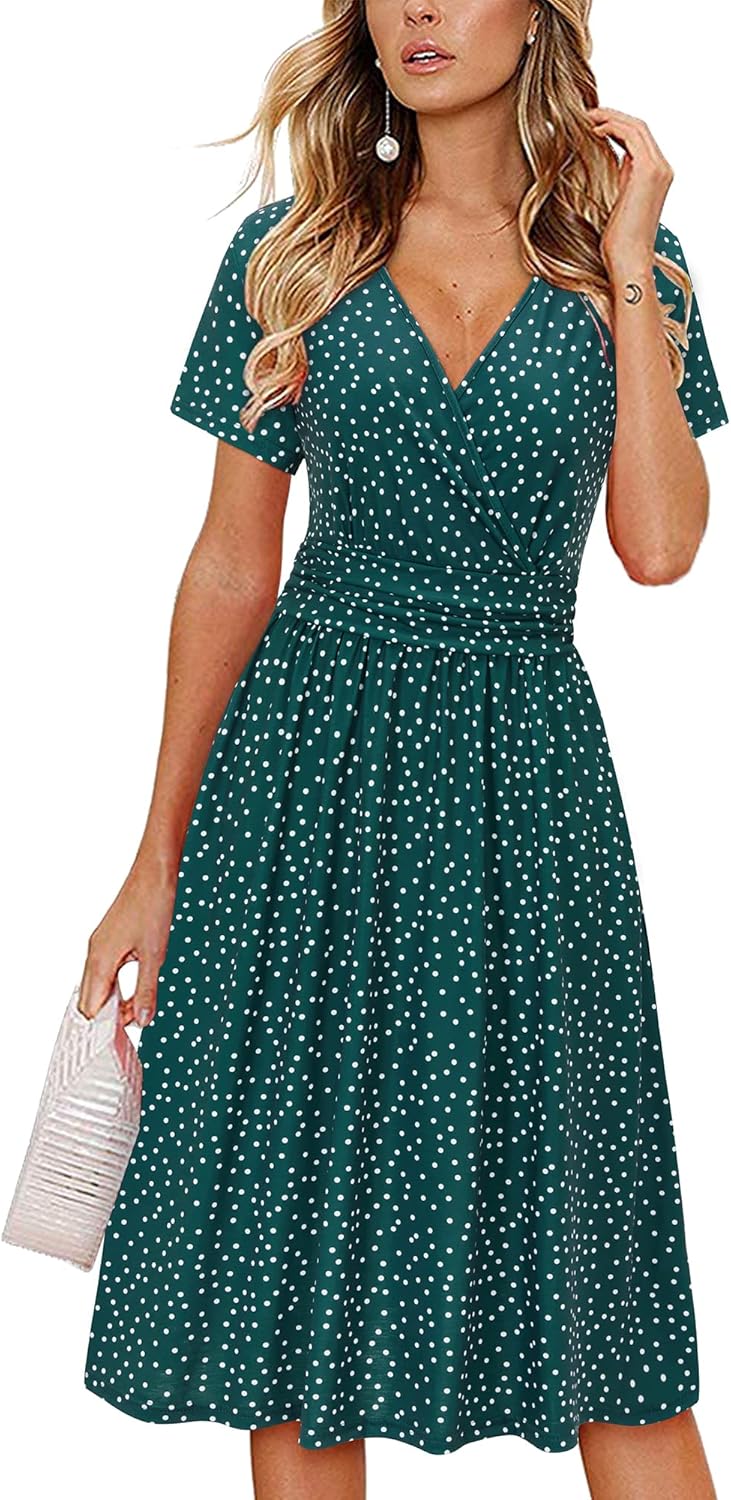 OUGES Women's Summer Short Sleeve V-Neck Floral Dress with Pockets