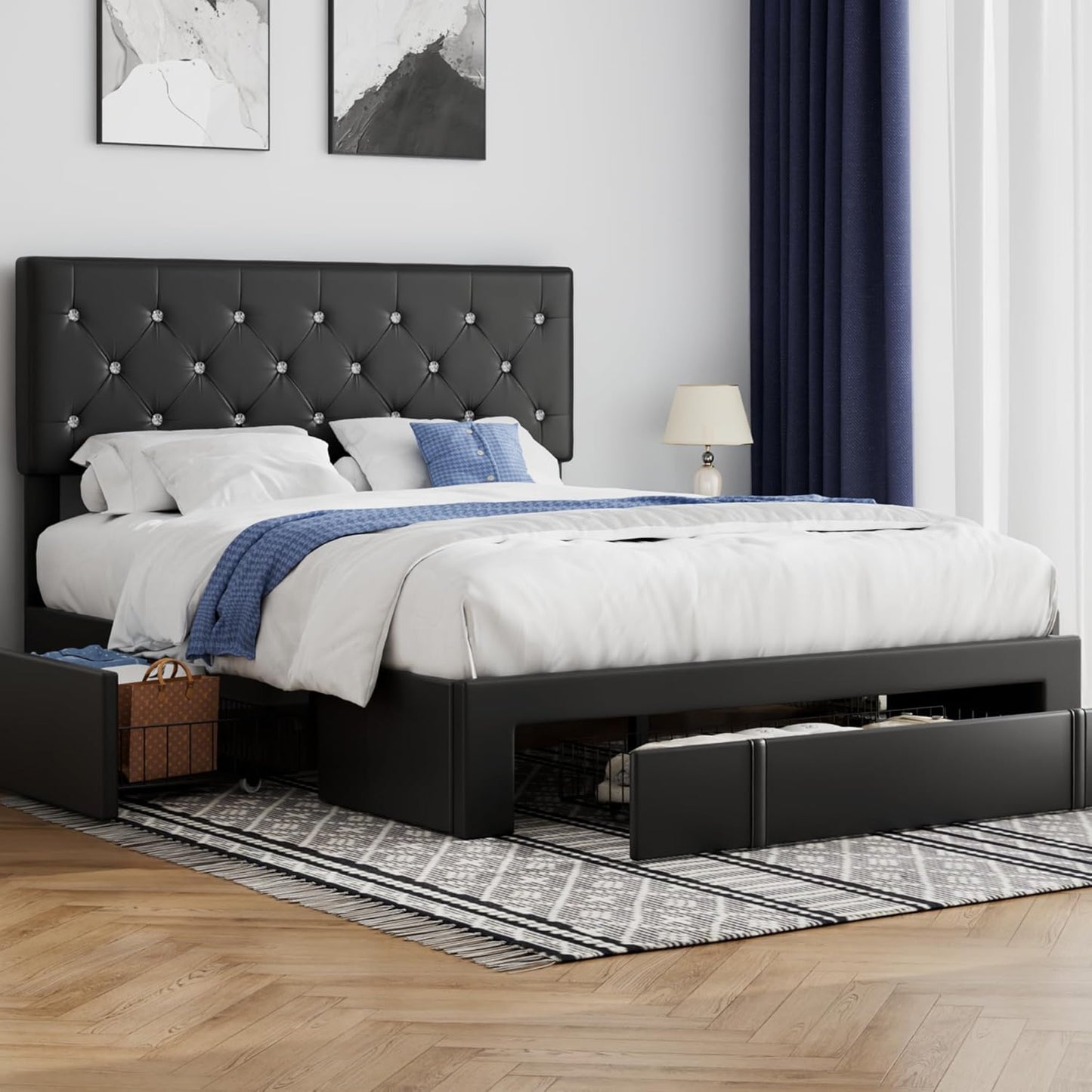 Stylish Queen Size Bed Frame with Storage Drawers and Comfort