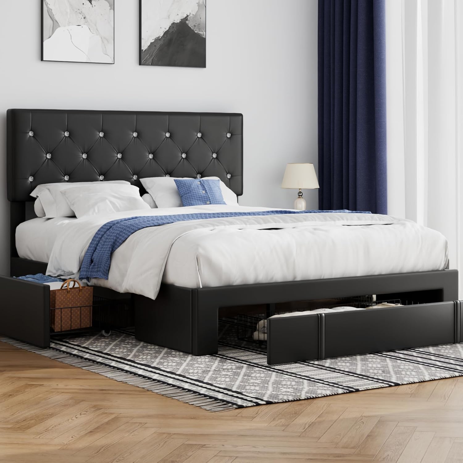 Stylish Queen Size Bed Frame with Storage Drawers and Comfort