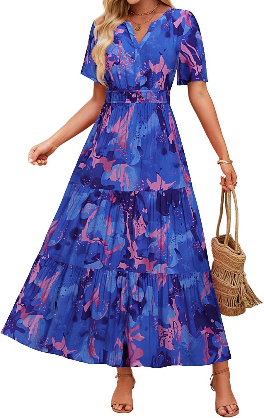 ZESICA Women's Floral Print Short Sleeve V Neck Maxi Dress
