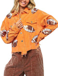 Womens Football Sequin Corduroy Cropped Shacket - Retro Frayed Hem