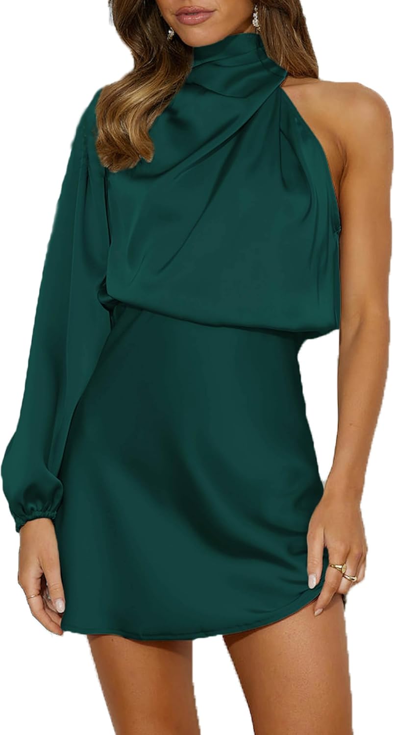 Women's Satin Long Sleeve One Shoulder Mini Dress for Parties