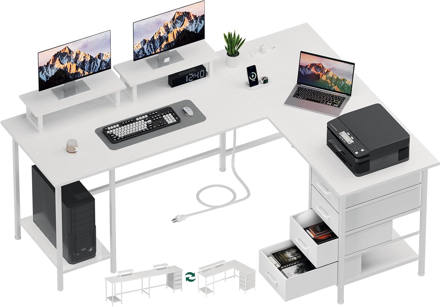 59 Inch L Shaped Computer Desk with Power Outlets for Home Office