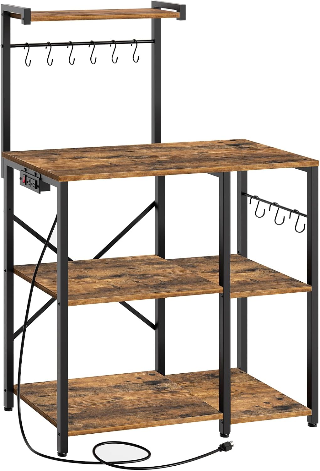 Rustic Brown Kitchen Rack: Efficient Storage & Power Outlets