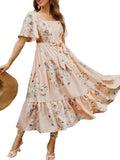 Boho Flowy Square Neck Floral Midi Dress - Flattering Summer Midi