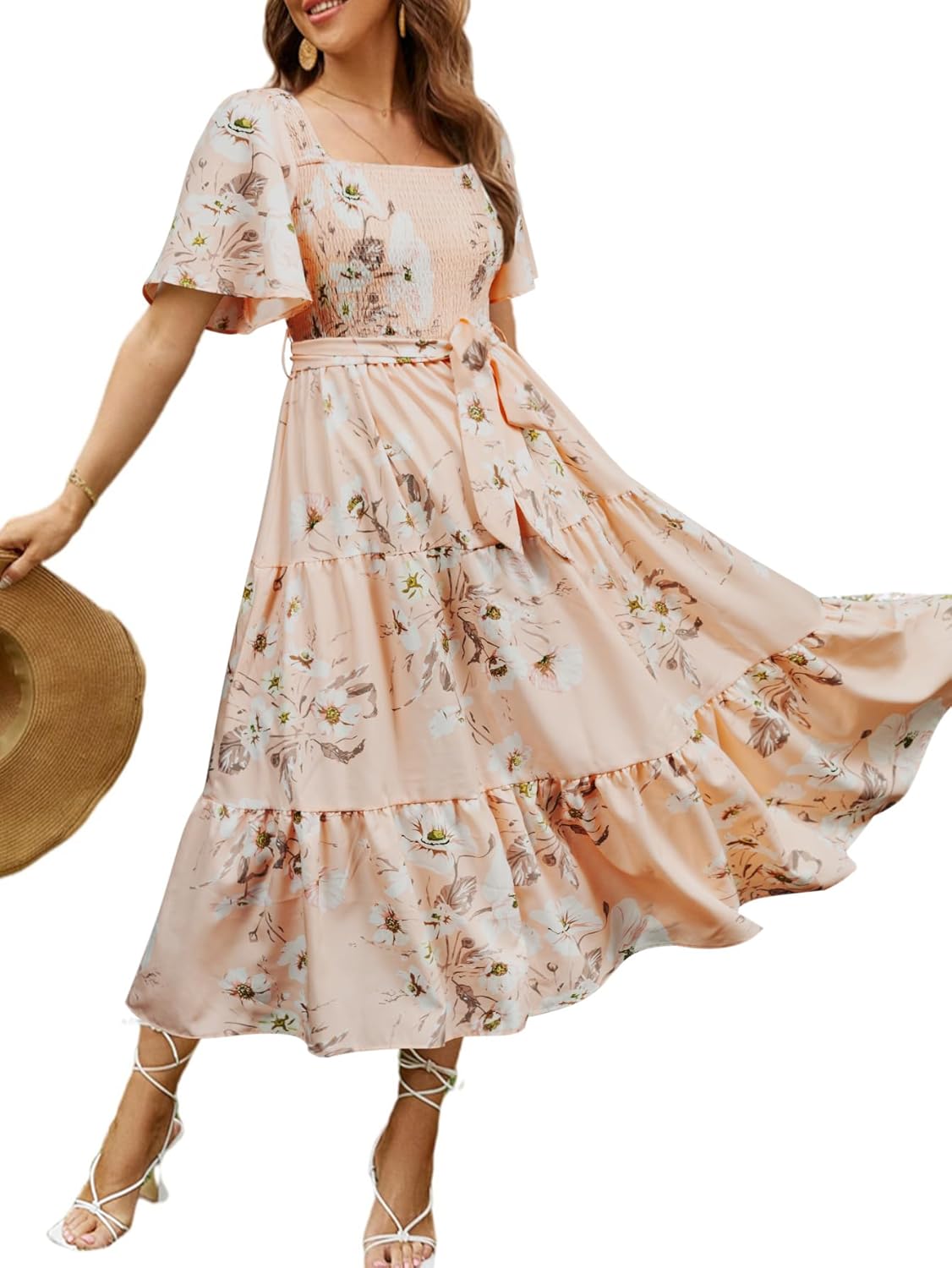 Amegoya Women's Boho Flowy Long Sleeve Floral Midi Dress