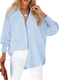 Womens Smocked Cuffed Striped Boyfriend Shirt - Casual Oversized Fit