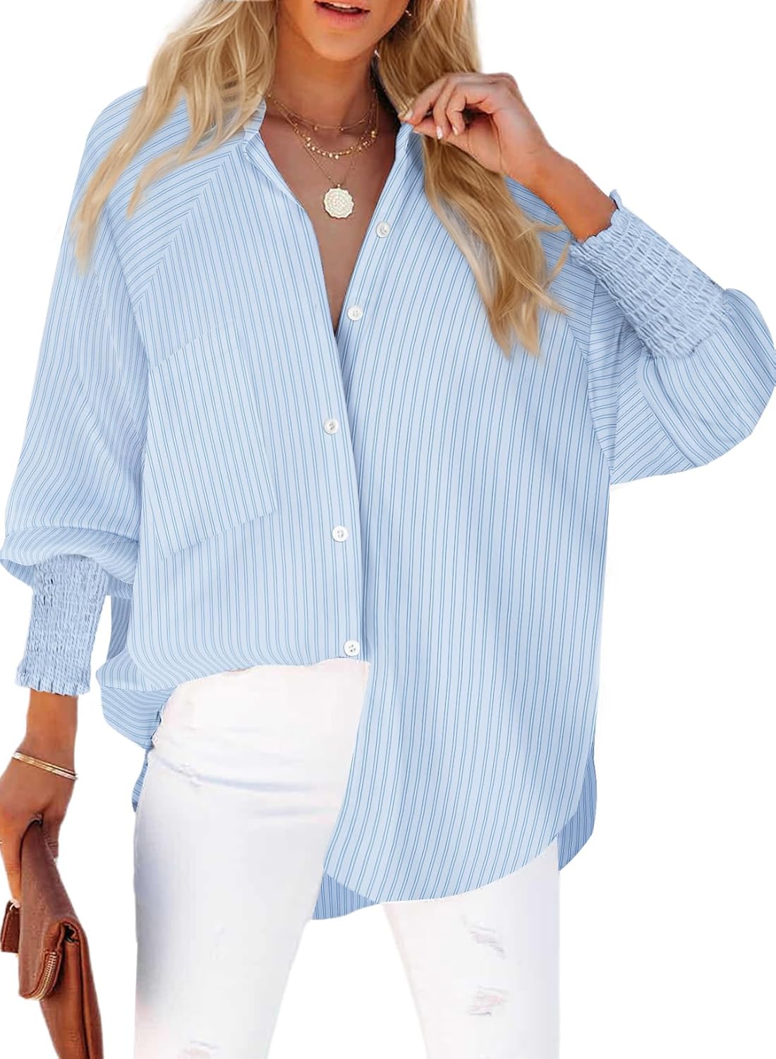Womens Smocked Cuffed Striped Boyfriend Shirt for Casual Style