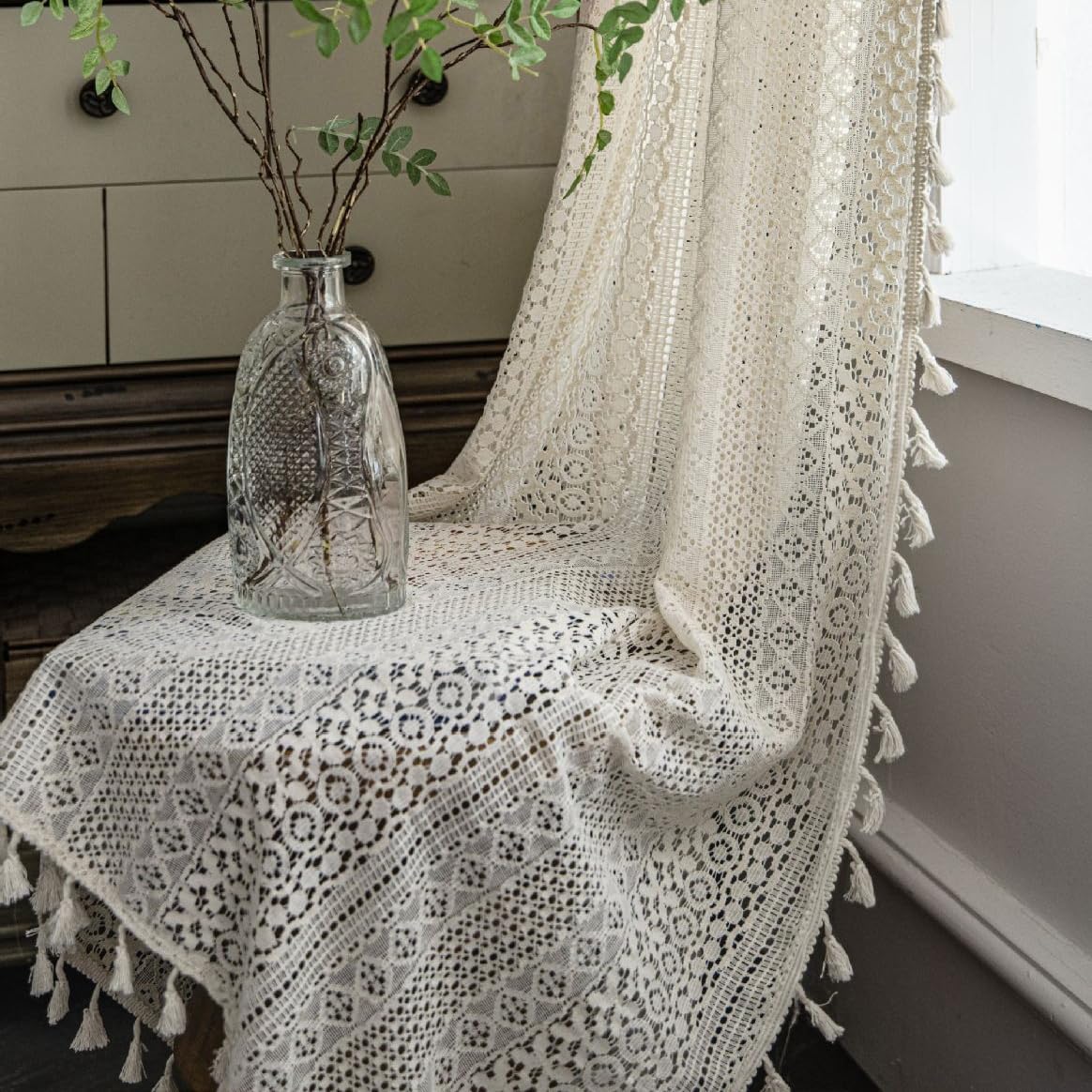 WAZZIO Boho Beige Lace Curtains: Farmhouse Chic 63 Length