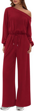 Long Sleeve Jumpsuit For Women - Flowy Off-Shoulder Wide Leg Women's