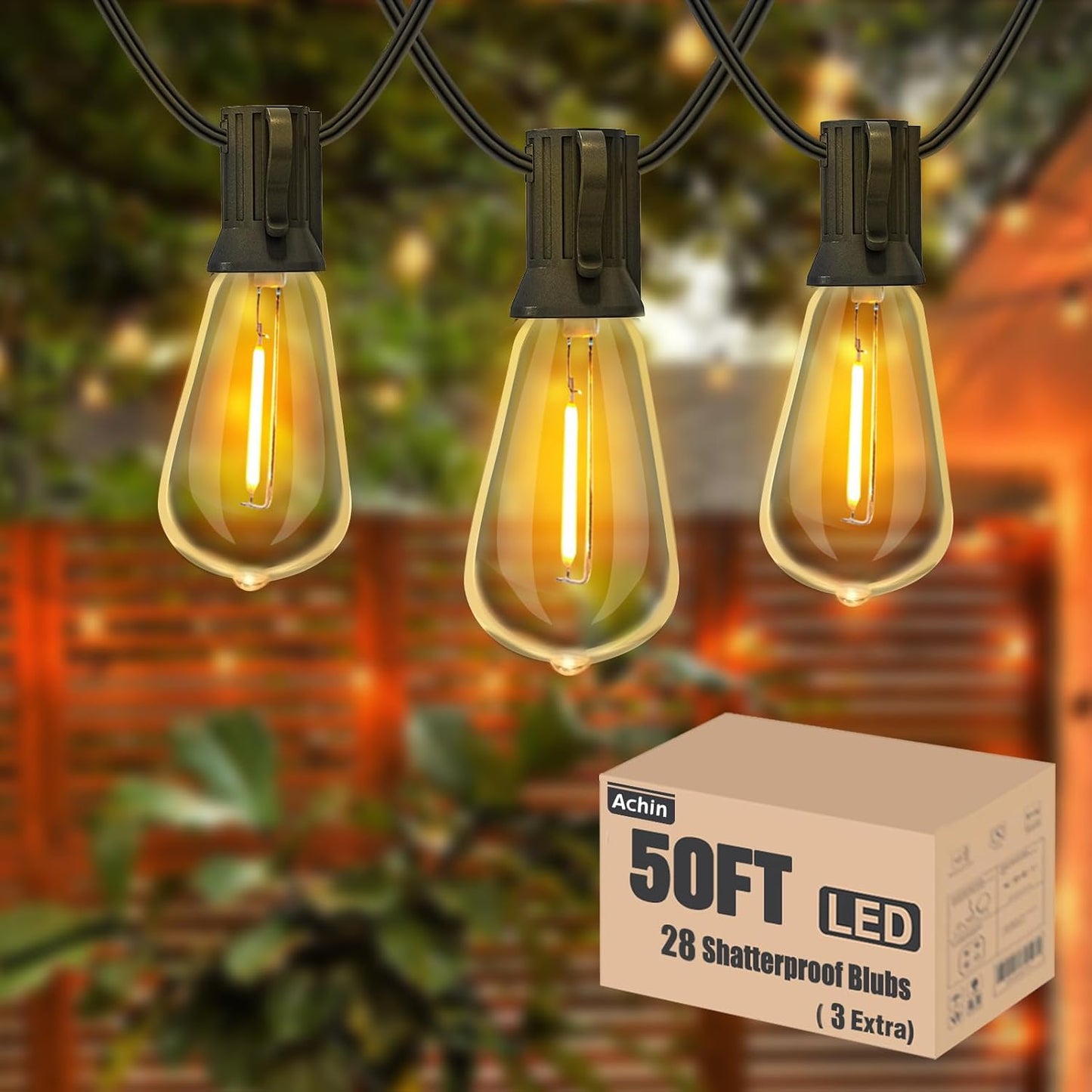 Achin Outdoor String Lights - 50ft Dimmable ST38 Warm Lights