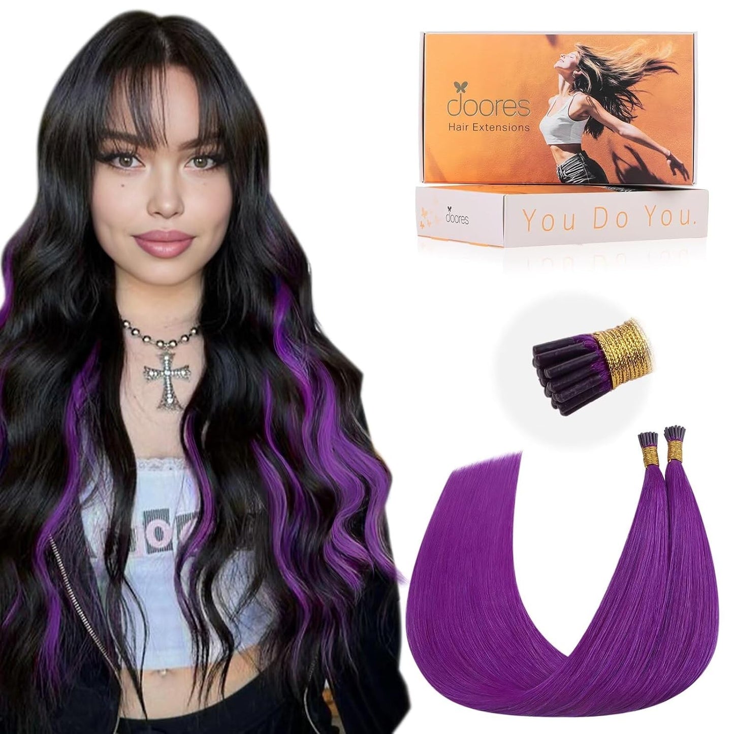 I Tip Hair Extensions in Purple - 18 Inch Natural Look