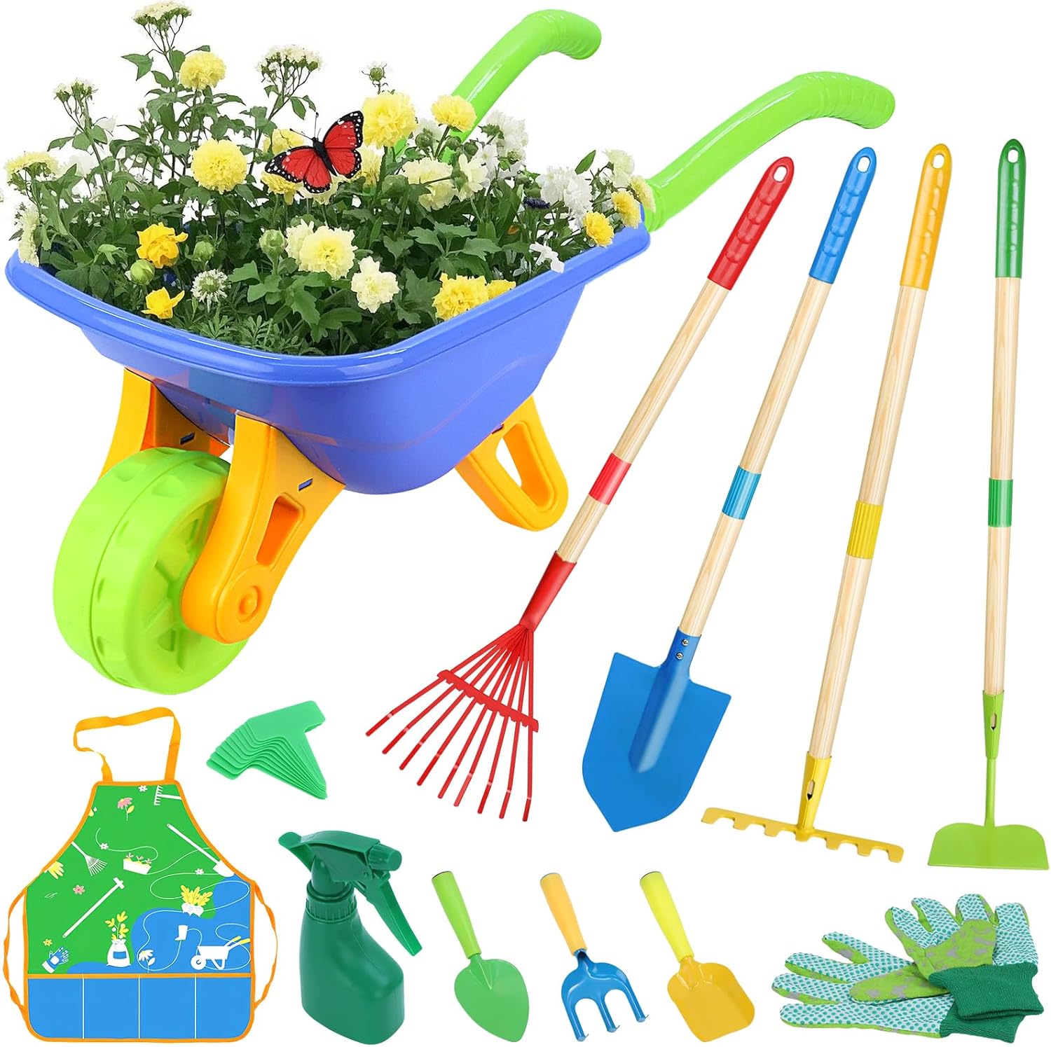 Magic4U 11-Piece Kids Gardening Set with Wheelbarrow and Tools