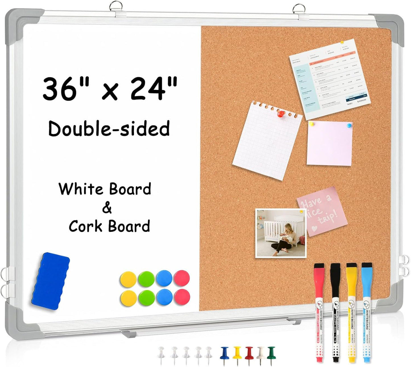 36x24 Magnetic Dry Erase and Cork Board Combo for Home Office