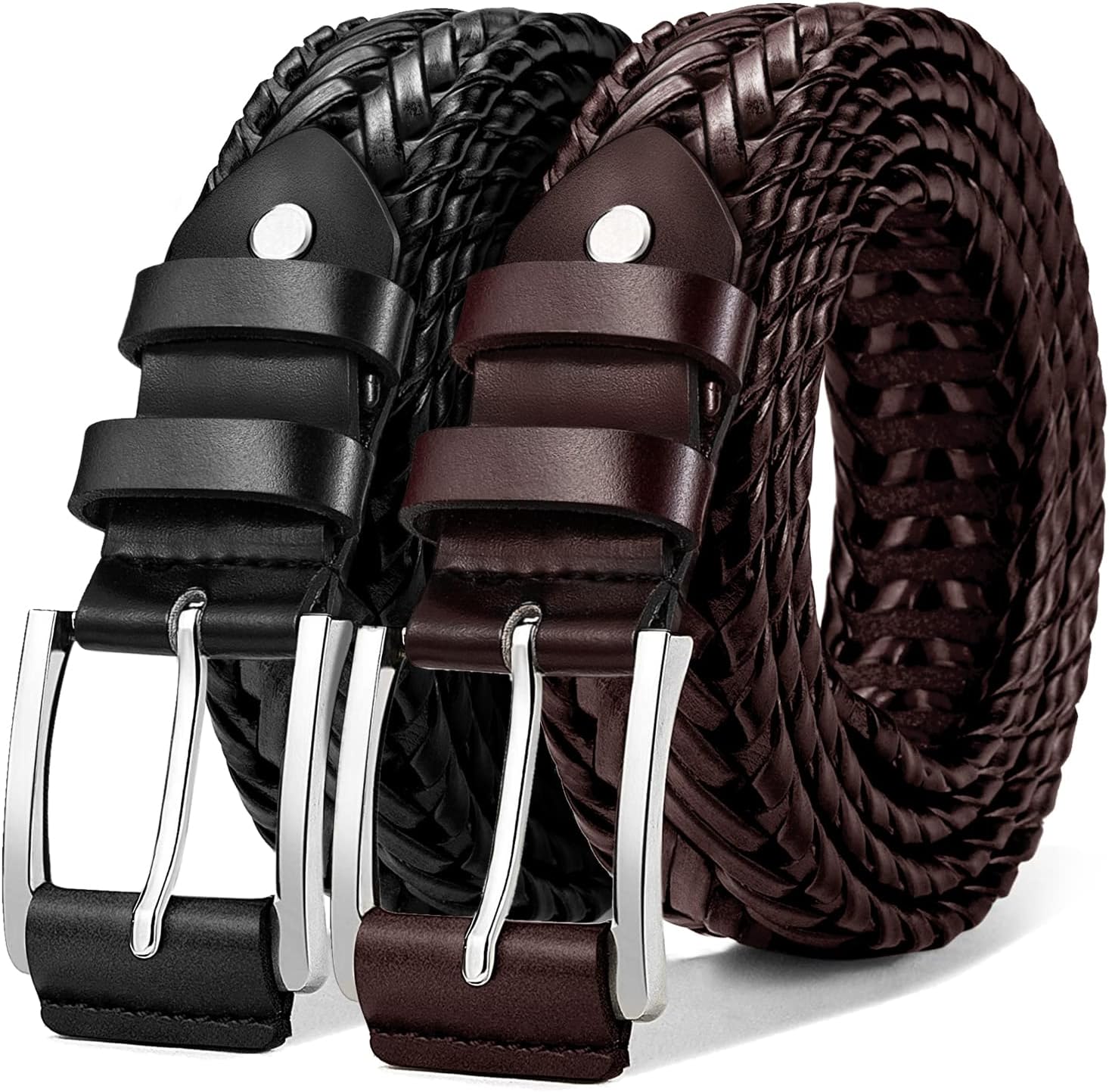 KEMISANT Mens Belt 2 Pack - Stylish Woven Braided Leather Belts