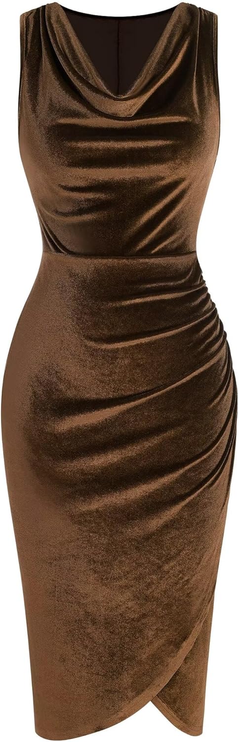 Elegant Velvet Cocktail Dresses for Women - Cowl Neck Midi Style