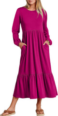 ANRABESS Long Sleeve Midi Dress - Flowy Tiered Casual Dress for Fall