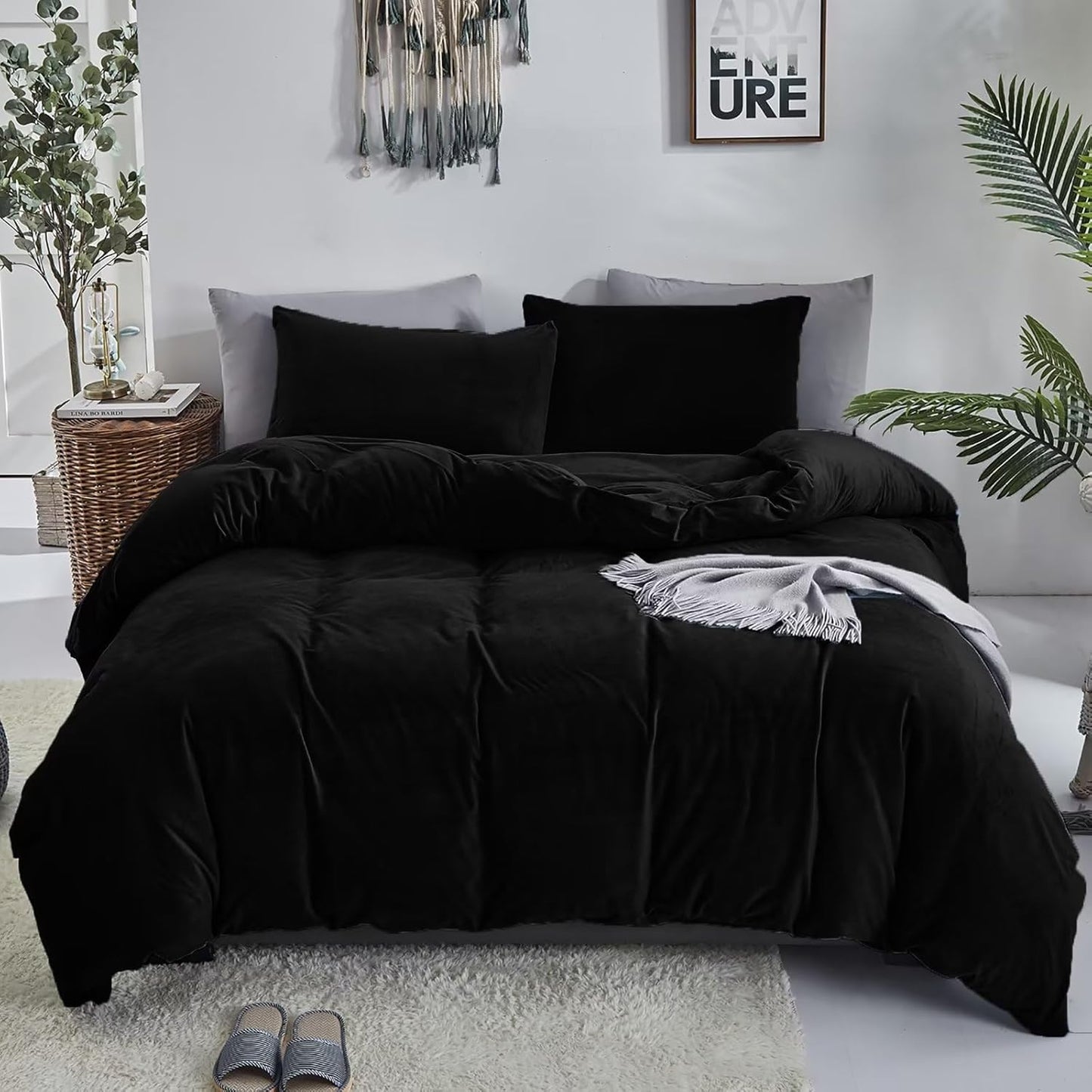 Luxlovery Black Velvet Comforter Set Queen for Cozy Nights